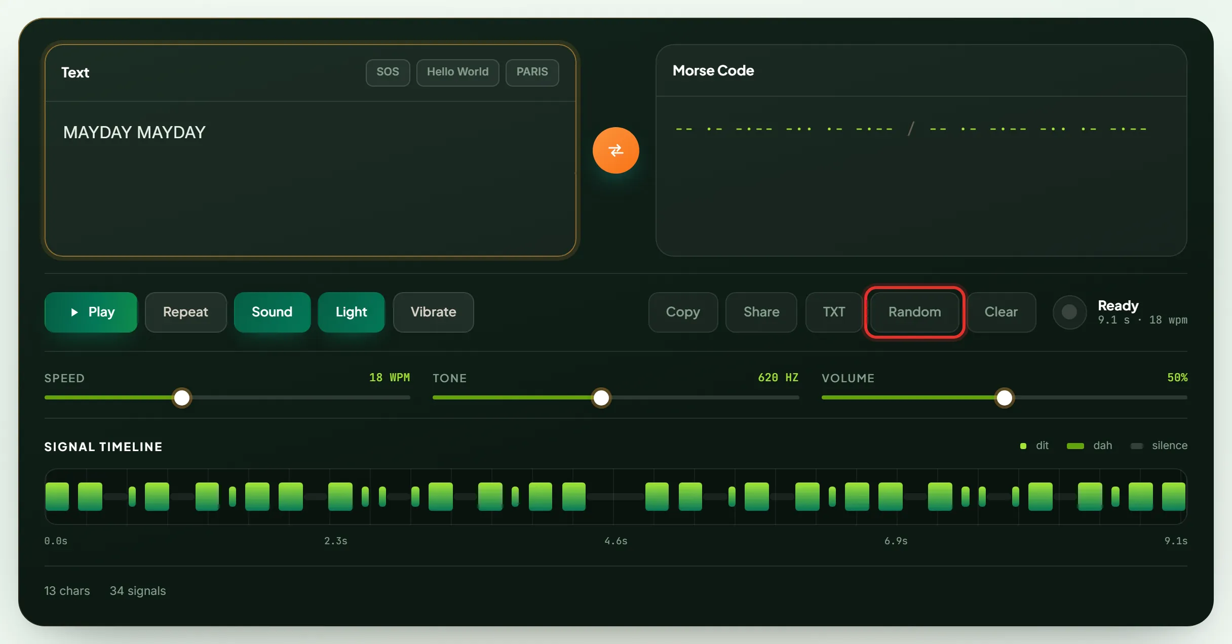 Random button on the Morse code translator loading a practice phrase